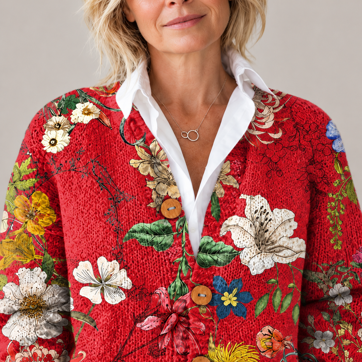 Women's Vintage Floral Art Print | Buttoned Cardigan Sweater — Red — detail view