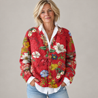 Women's Vintage Floral Art Print | Buttoned Cardigan Sweater — Red — front view