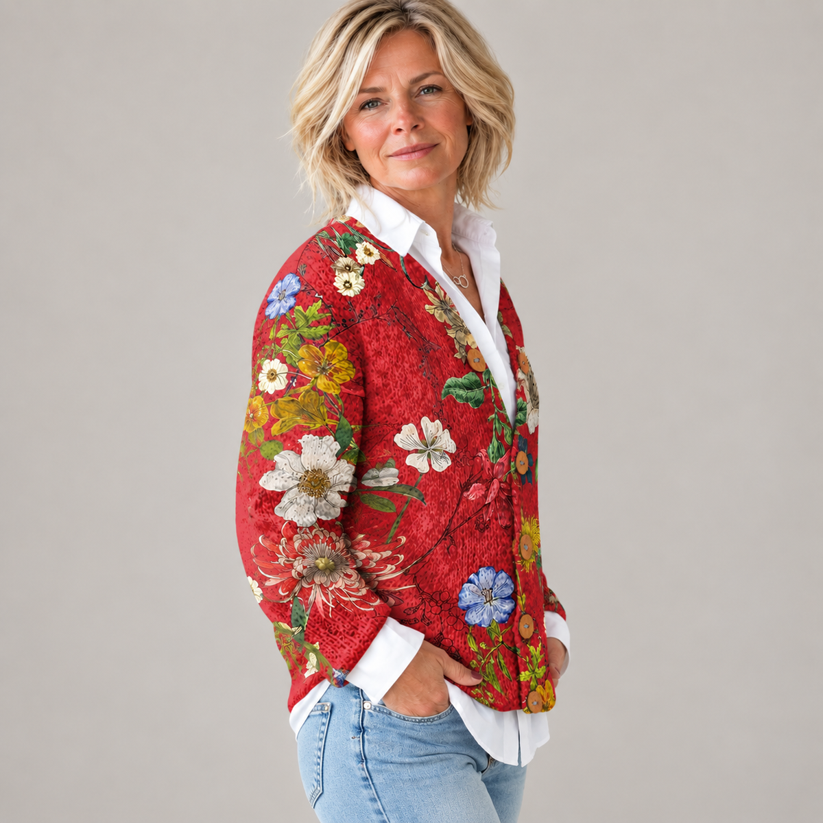 Women's Vintage Floral Art Print | Buttoned Cardigan Sweater — Red — side view