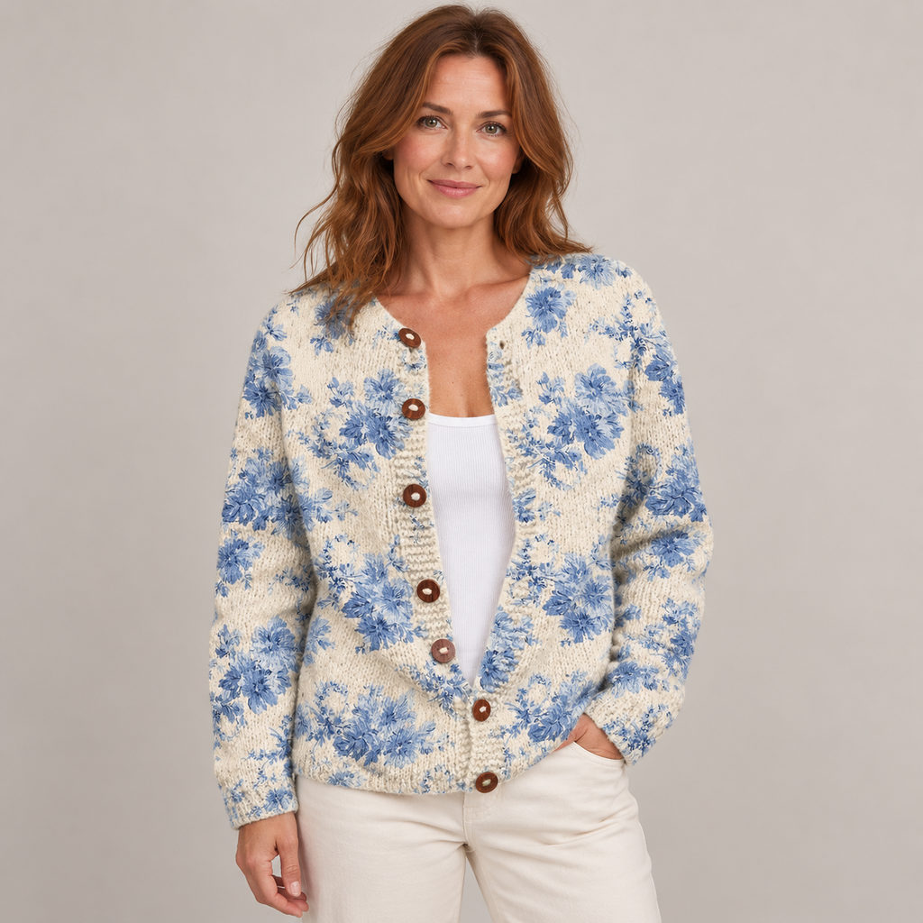 Women's Lovely Floral Art Print | Buttoned Cardigan Sweater — Multicolour — front view
