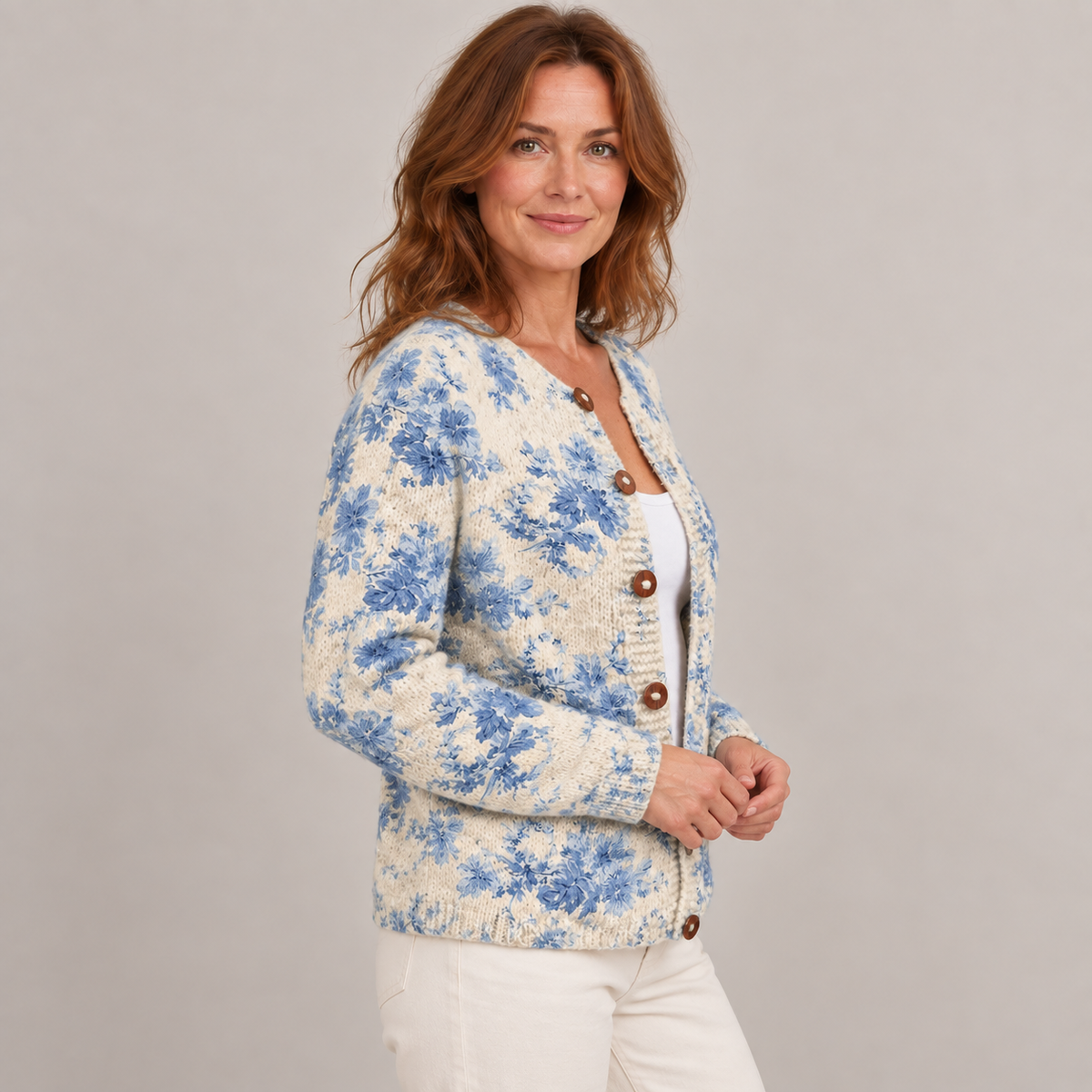 Women's Lovely Floral Art Print | Buttoned Cardigan Sweater — Multicolour — side view
