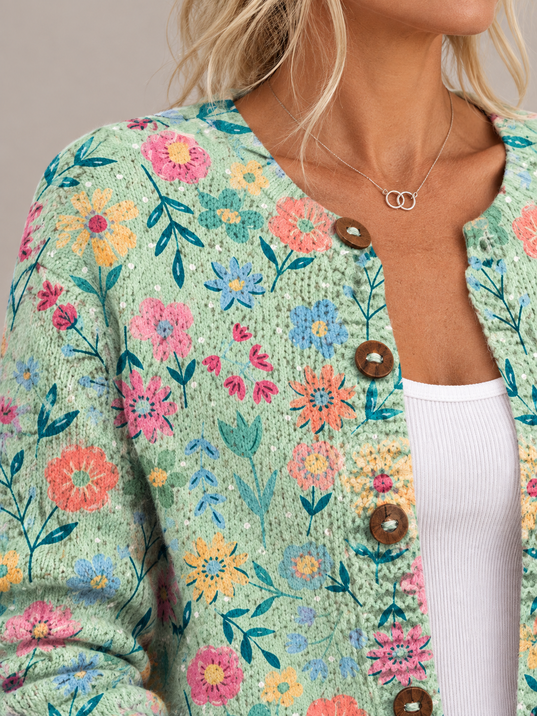 Summer Field Floral Pattern Print | Buttoned Cardigan Sweater — Multicolour — detalhe