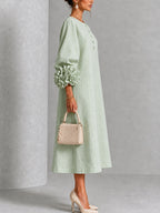 Sage Mist Floral Button-down Midi Dress With Striking Floral Cuffs