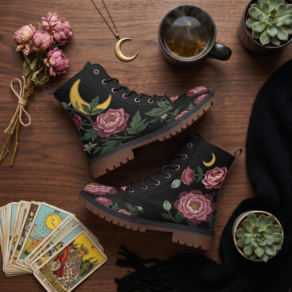 Paeonia Leather Boots (Faux Embroidered)