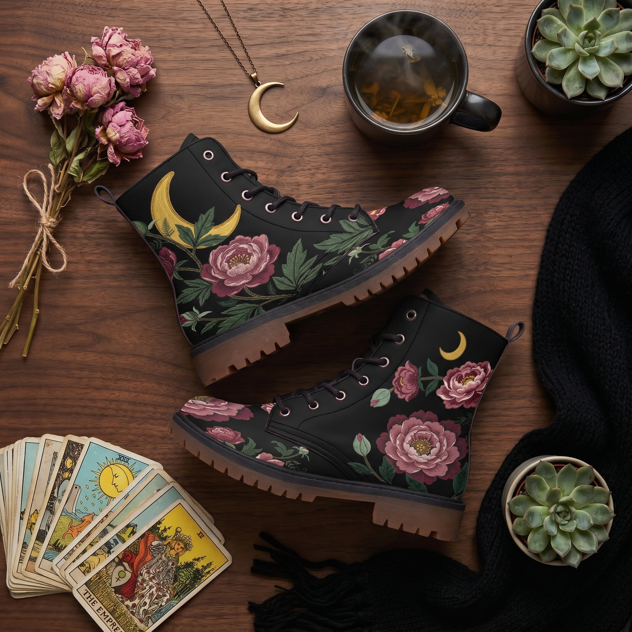 Paeonia Leather Boots (Faux Embroidered)
