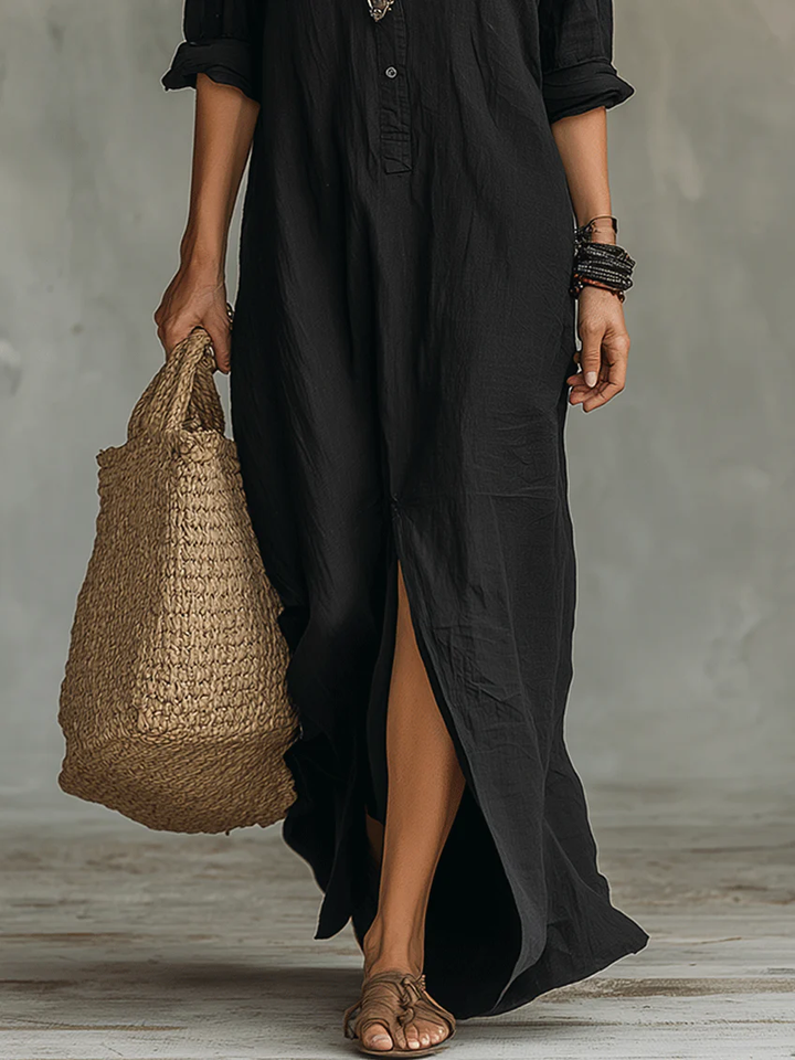 Alessia | Soft Black Maxi Dress with Buttons