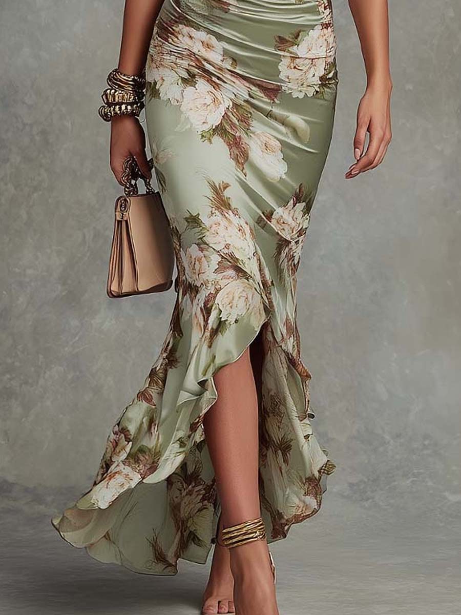 Anna | Asymmetrical Green Satin Maxi Dress