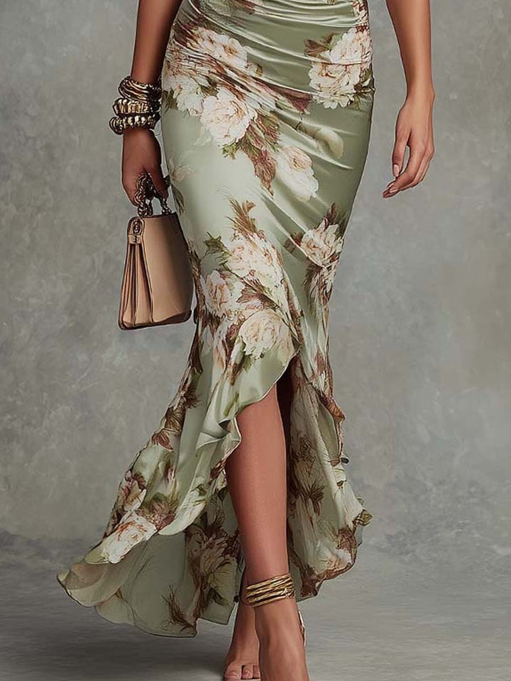 Anna | Asymmetrical Green Satin Maxi Dress