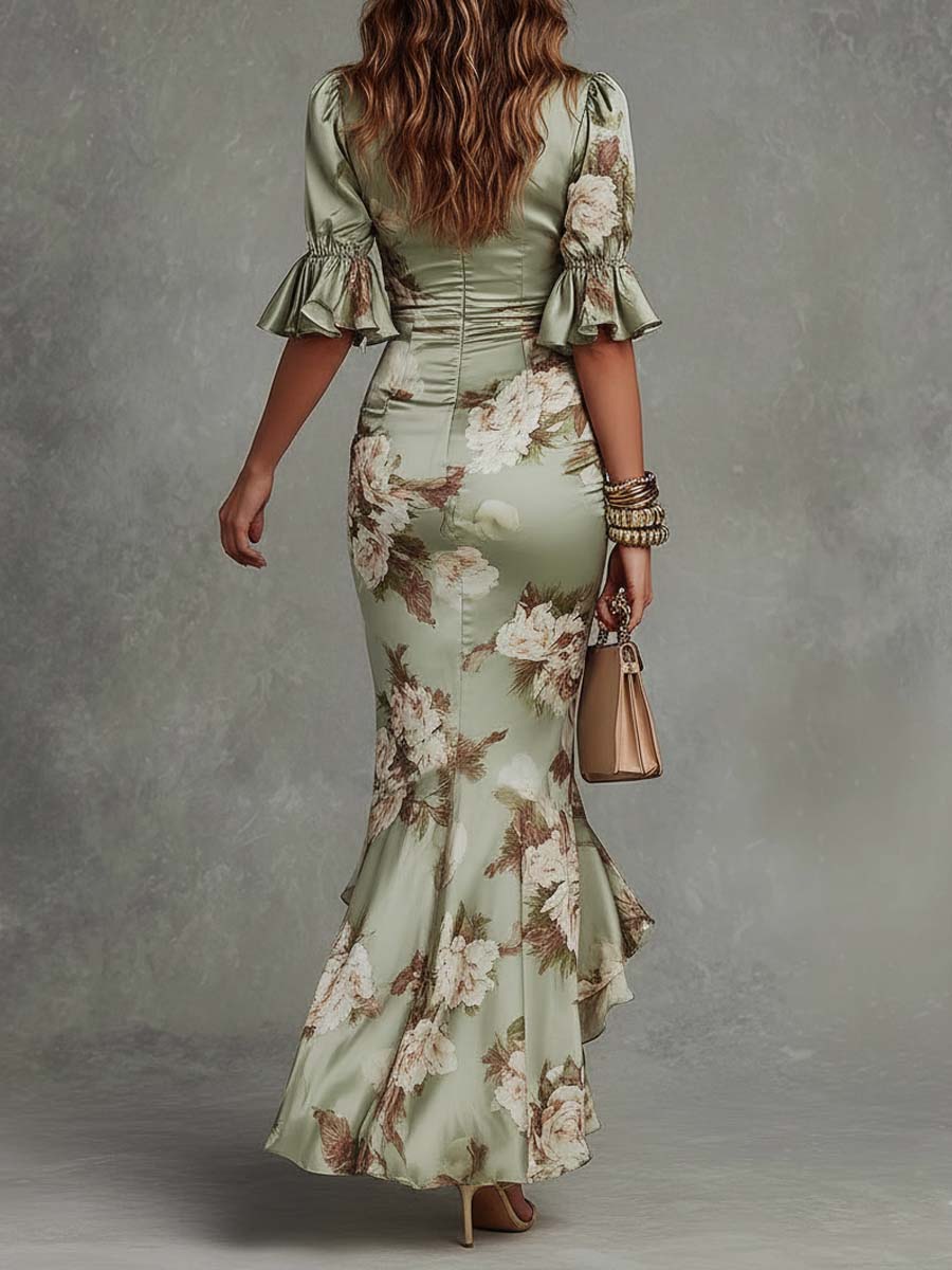 Anna | Asymmetrical Green Satin Maxi Dress