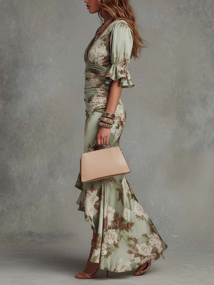 Anna | Asymmetrical Green Satin Maxi Dress