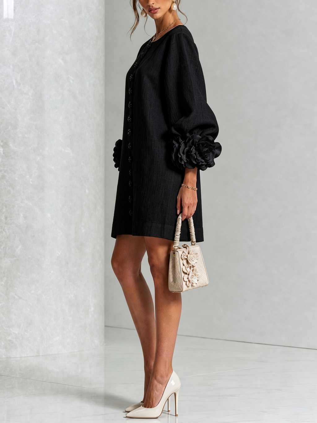 Floral Button-down Mini Dress With Striking Floral Cuffs