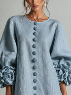 Dusty Blue Floral Button-down Mini Dress With Striking Floral Cuffs
