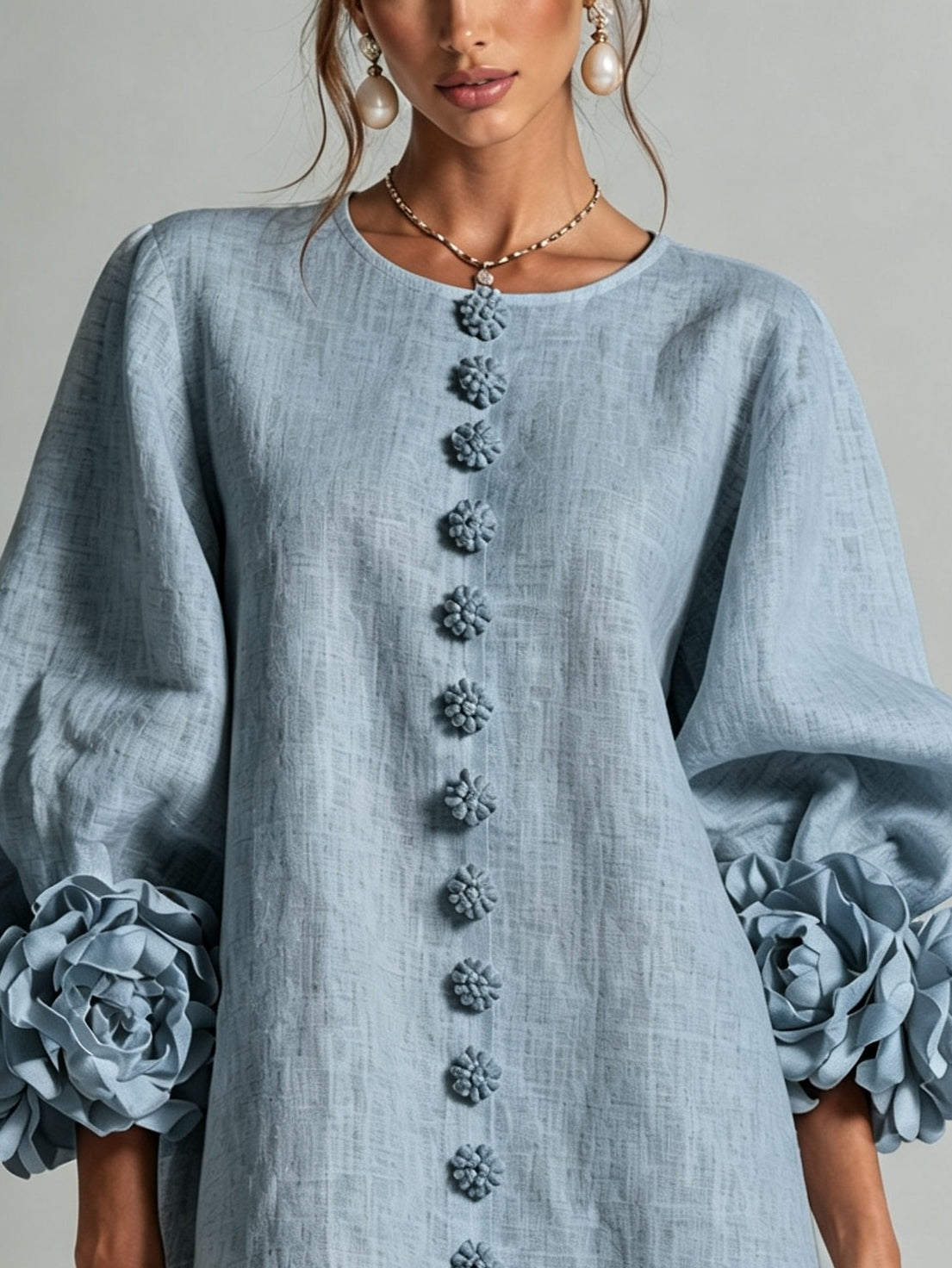 Dusty Blue Floral Button-down Mini Dress With Striking Floral Cuffs