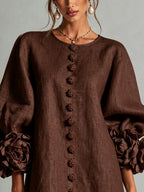 Chocolate Brown Floral Button-down Mini Dress With Striking Floral Cuffs
