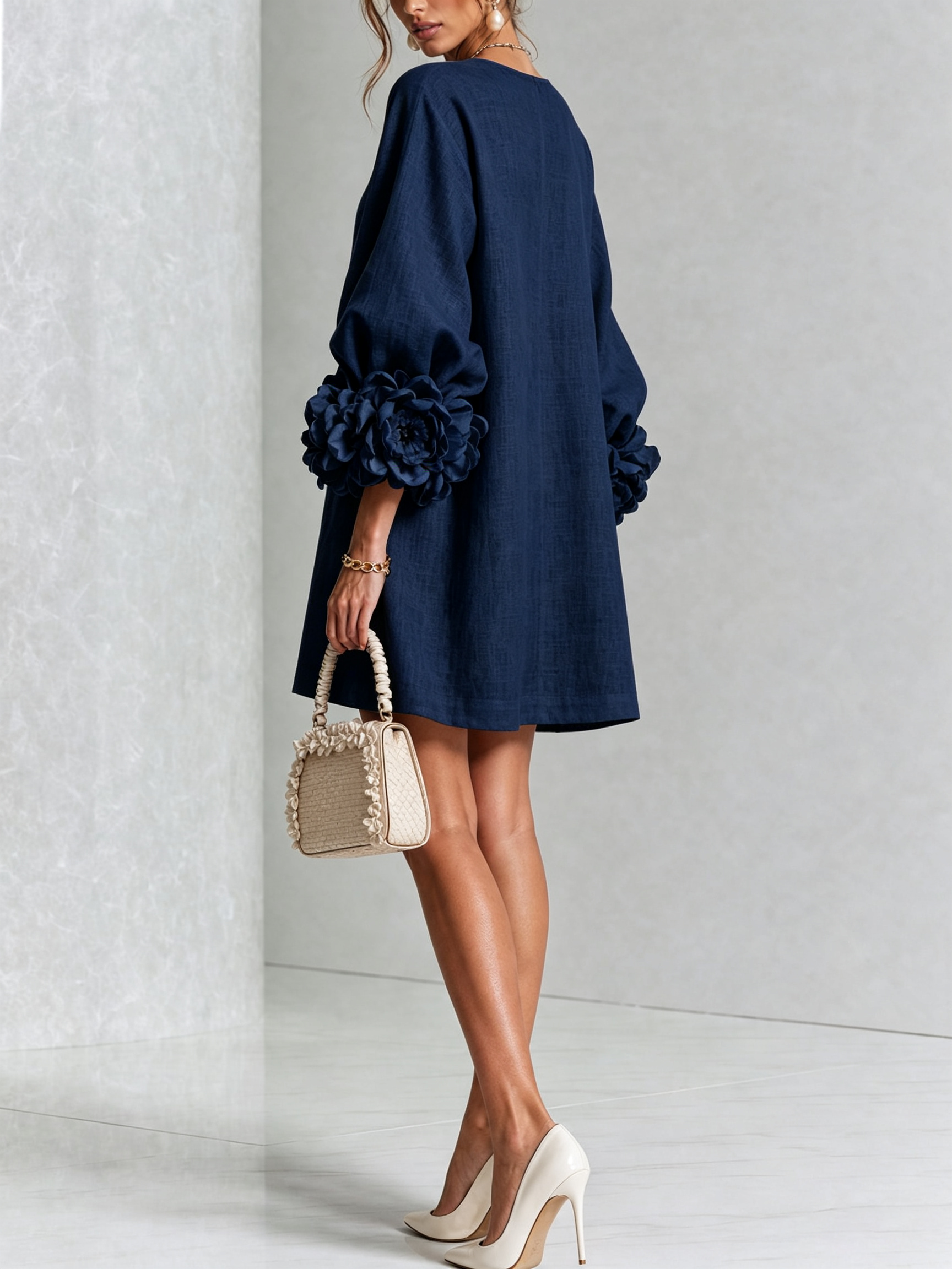 Navy Floral Button-down Mini Dress With Striking Floral Cuffs