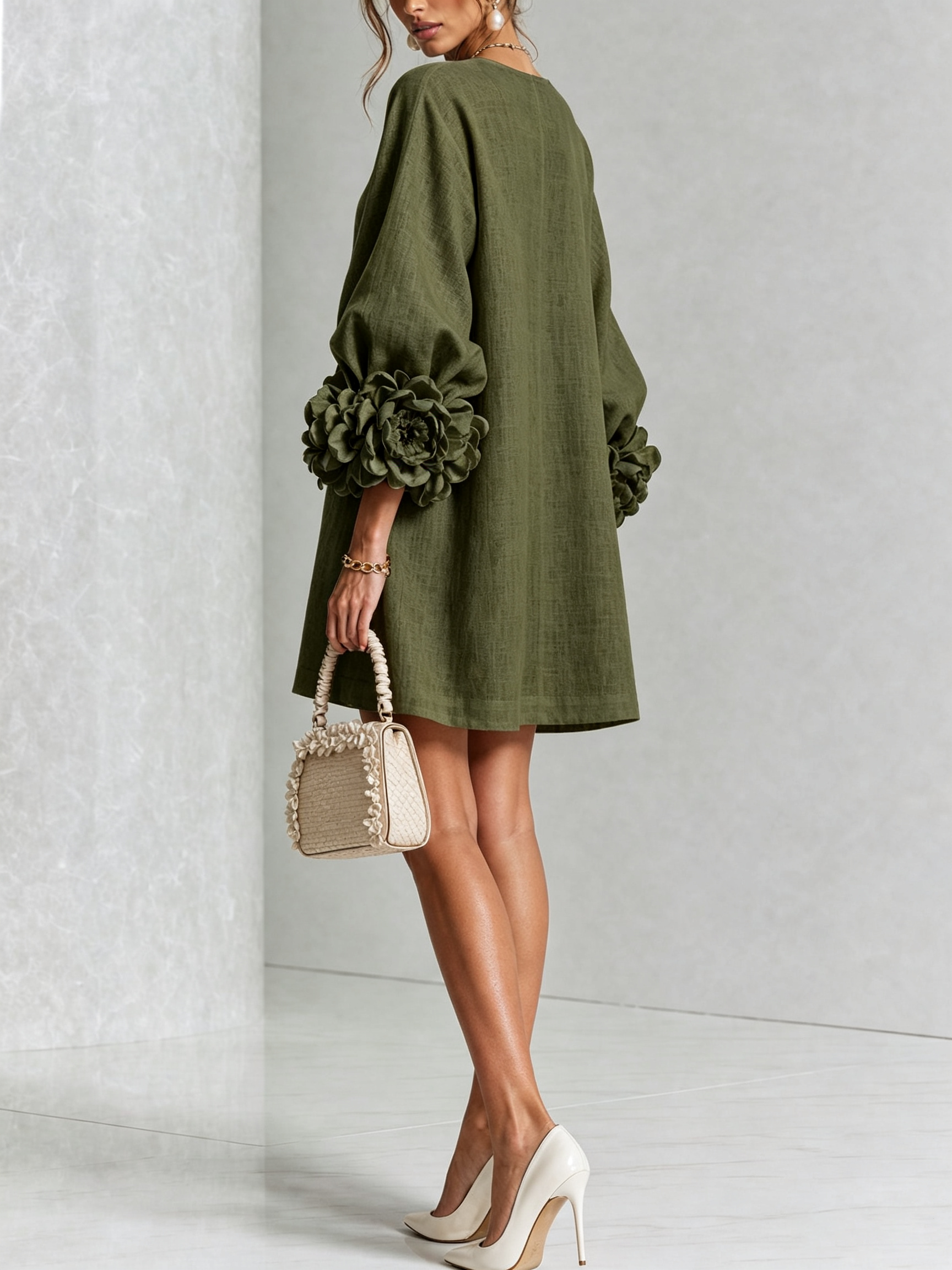 Olive Floral Button-down Mini Dress With Striking Floral Cuffs
