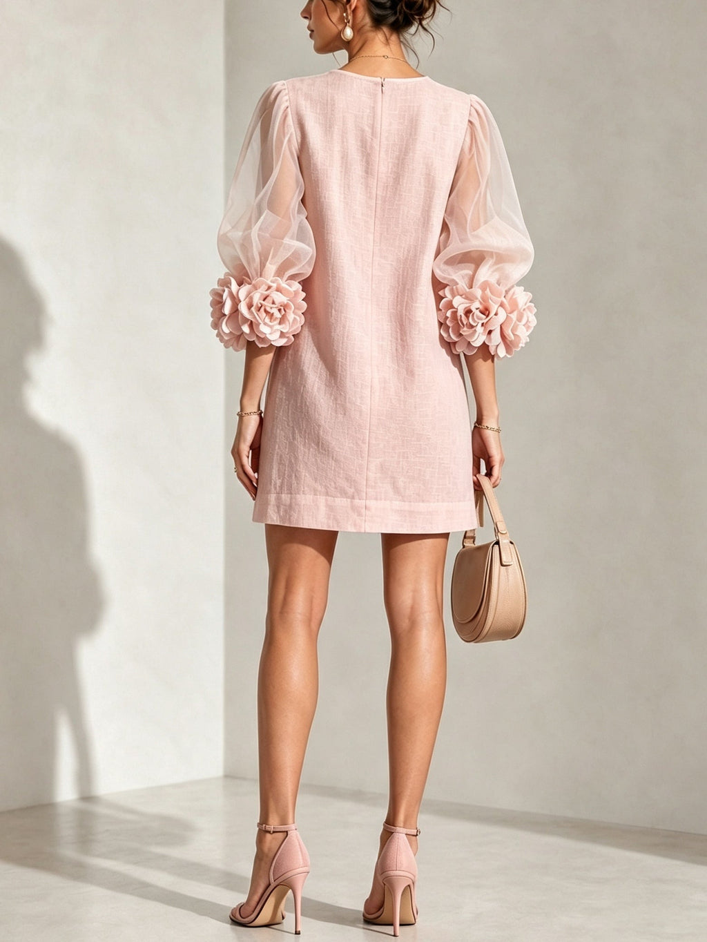 Pink Organza Puff-sleeved Mini Dress With Striking Floral Cuffs