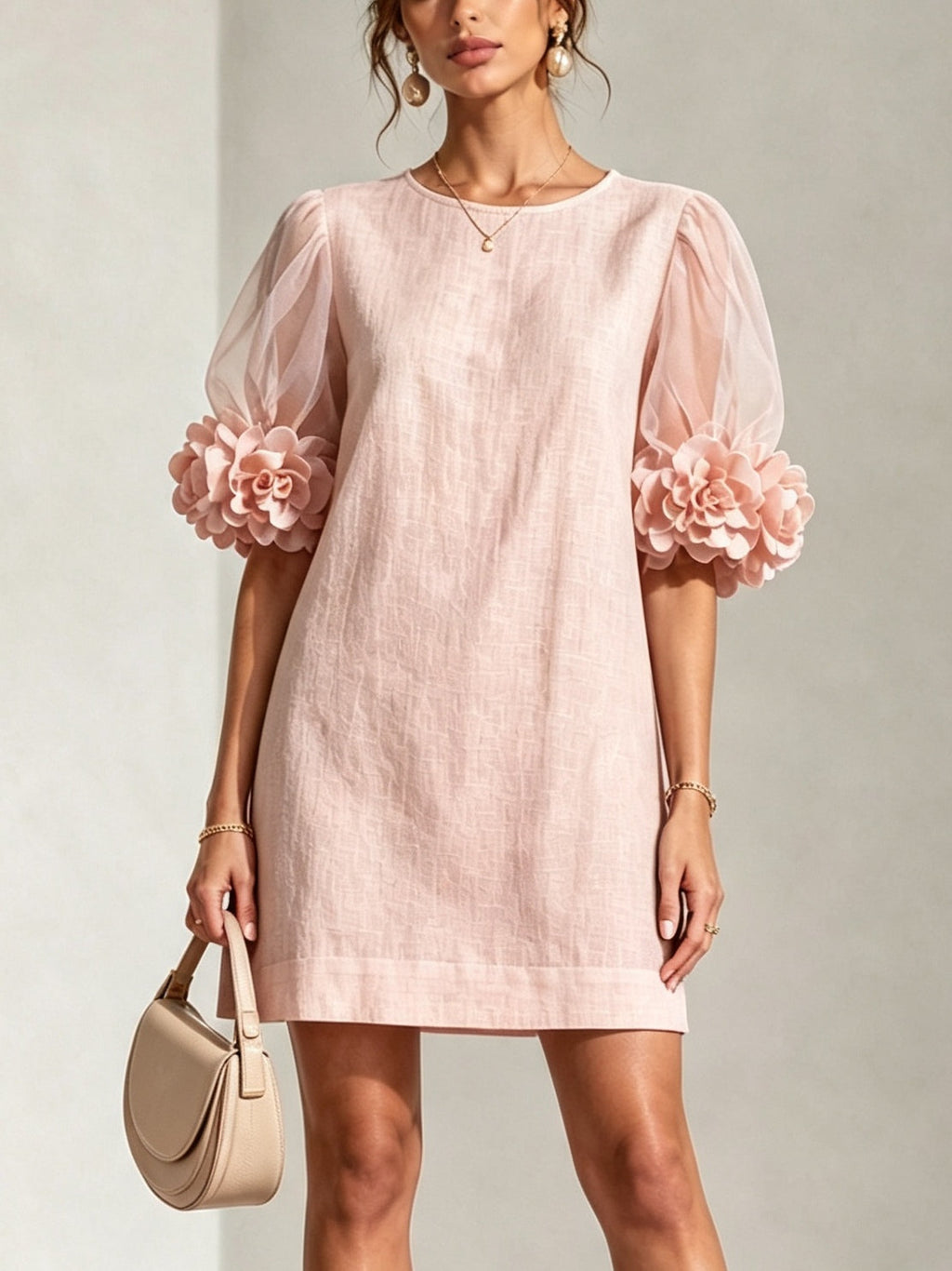 Pink Organza Puff-sleeved Mini Dress With Striking Floral Cuffs