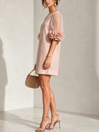 Pink Organza Puff-sleeved Mini Dress With Striking Floral Cuffs