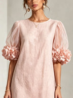Pink Organza Puff-sleeved Mini Dress With Striking Floral Cuffs