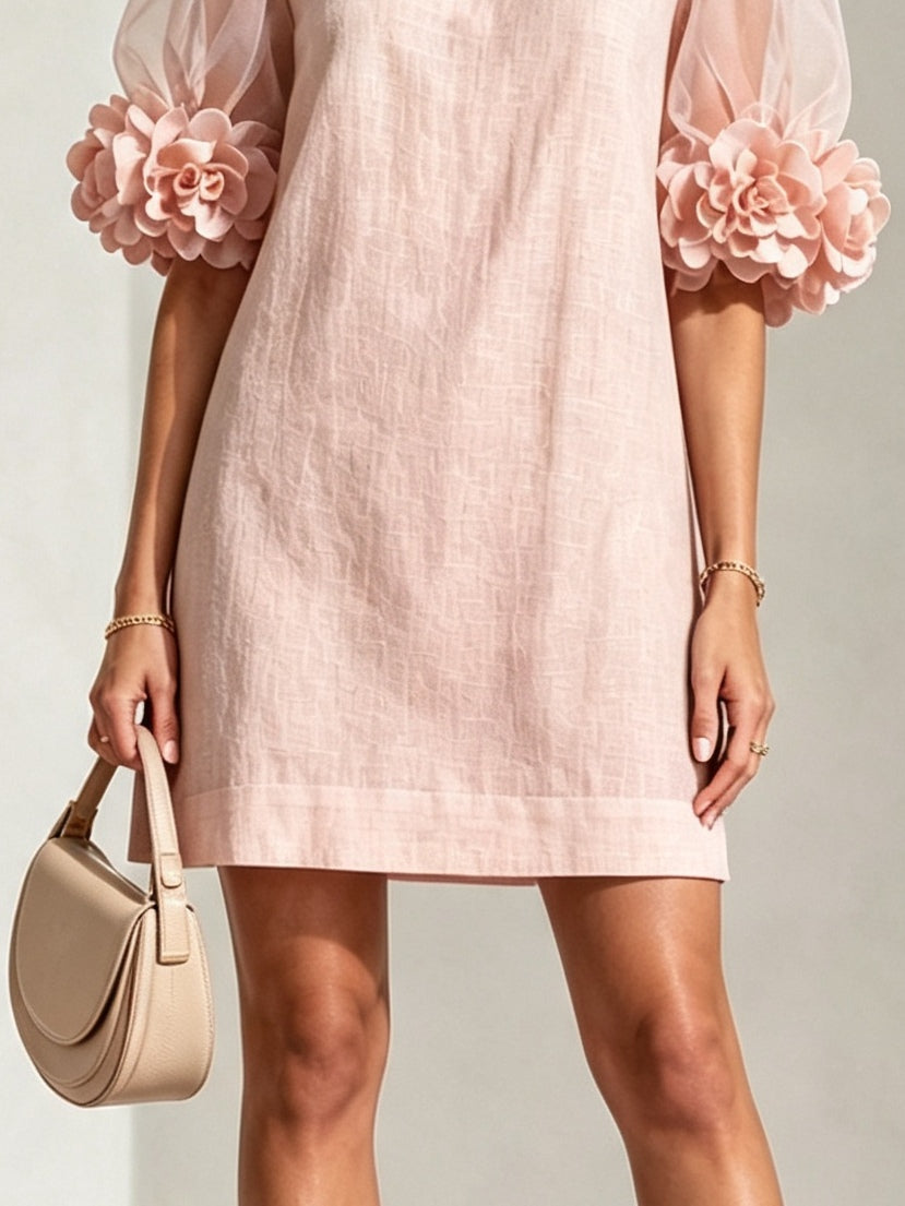 Pink Organza Puff-sleeved Mini Dress With Striking Floral Cuffs