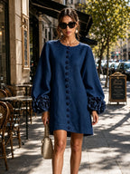 Navy Long Sleeve Floral Button-down Mini Dress With Striking Floral Cuffs(Long Sleeve Edition)