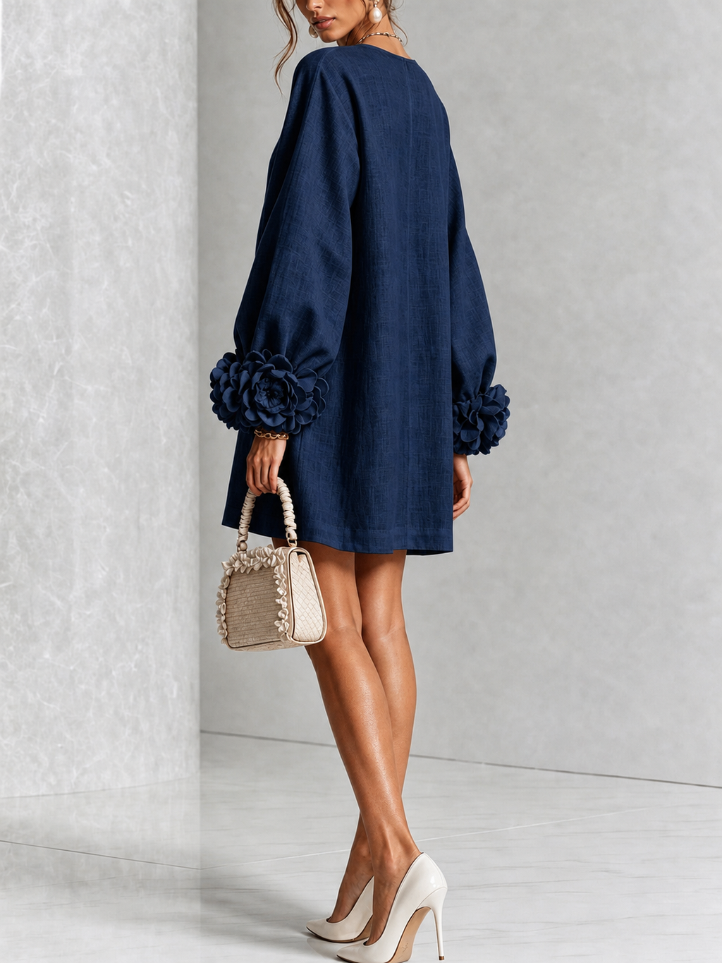 Navy Long Sleeve Floral Button-down Mini Dress With Striking Floral Cuffs(Long Sleeve Edition)