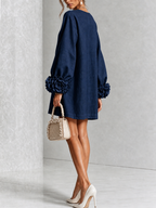 Navy Long Sleeve Floral Button-down Mini Dress With Striking Floral Cuffs(Long Sleeve Edition)