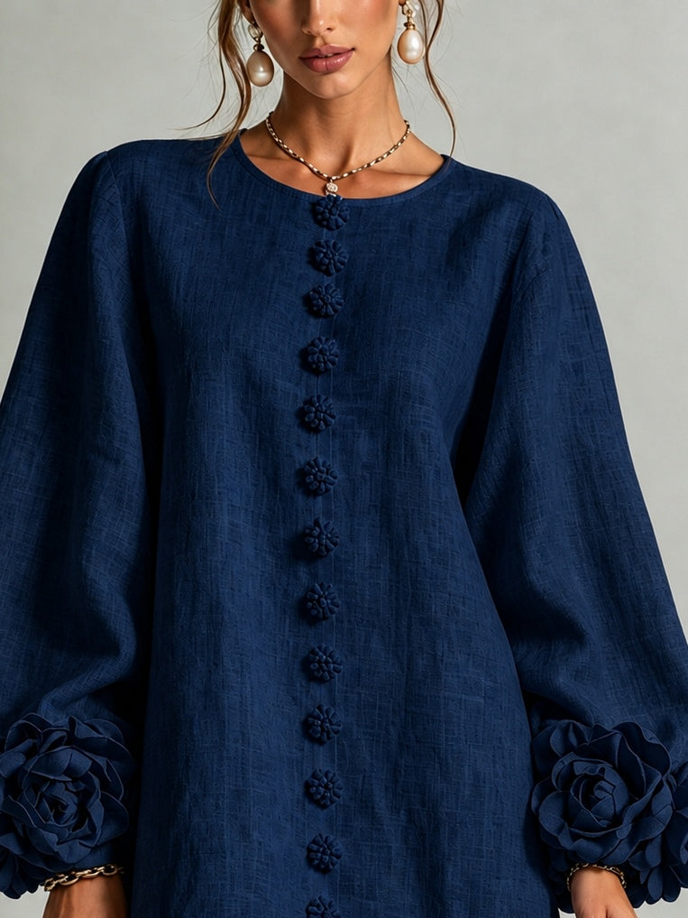 Navy Long Sleeve Floral Button-down Mini Dress With Striking Floral Cuffs(Long Sleeve Edition)