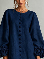 Navy Long Sleeve Floral Button-down Mini Dress With Striking Floral Cuffs(Long Sleeve Edition)