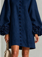 Navy Long Sleeve Floral Button-down Mini Dress With Striking Floral Cuffs(Long Sleeve Edition)