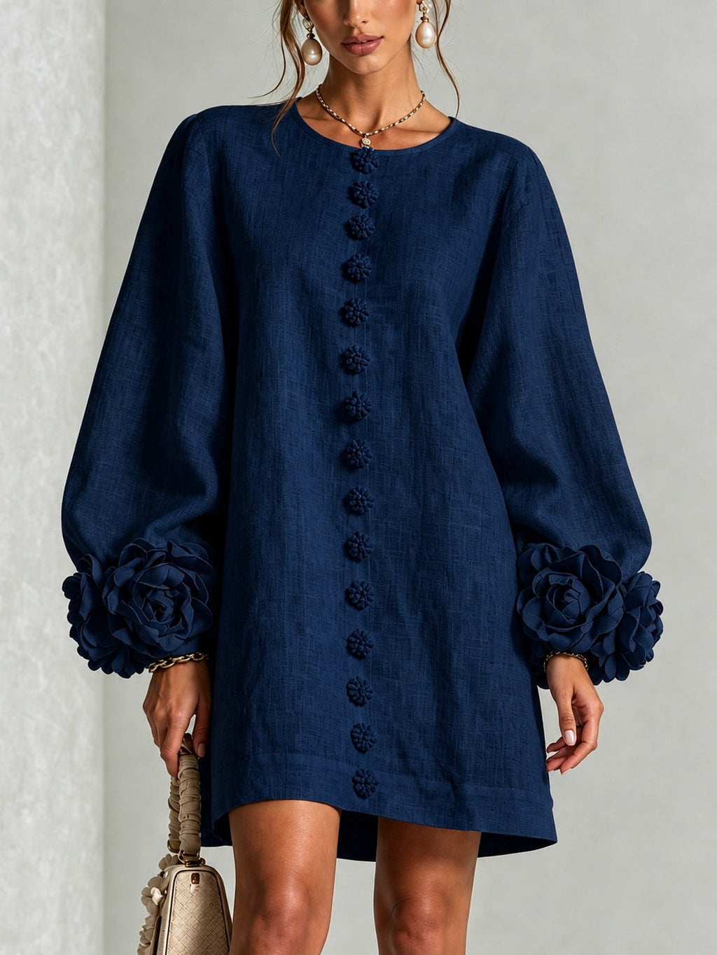 Navy Long Sleeve Floral Button-down Mini Dress With Striking Floral Cuffs(Long Sleeve Edition)
