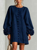 Navy Long Sleeve Floral Button-down Mini Dress With Striking Floral Cuffs(Long Sleeve Edition)