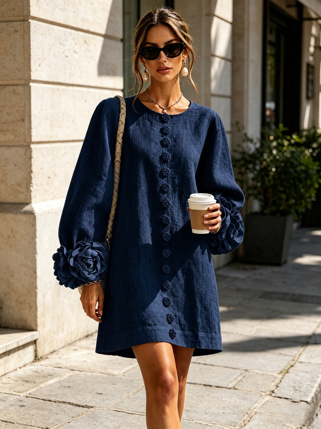 Navy Long Sleeve Floral Button-down Mini Dress With Striking Floral Cuffs(Long Sleeve Edition)