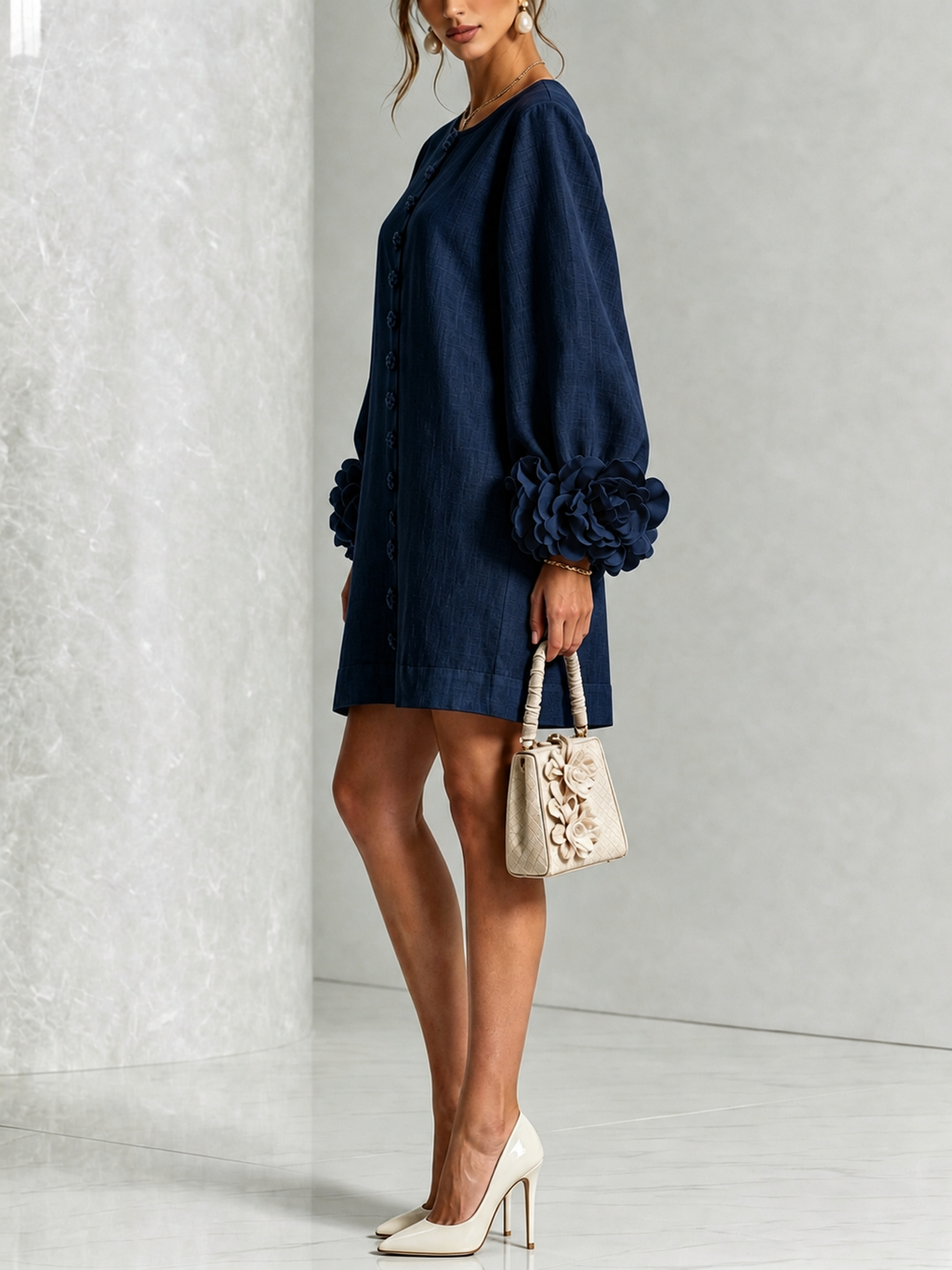 Navy Long Sleeve Floral Button-down Mini Dress With Striking Floral Cuffs(Long Sleeve Edition)