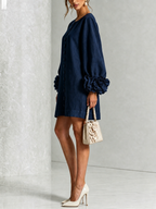 Navy Long Sleeve Floral Button-down Mini Dress With Striking Floral Cuffs(Long Sleeve Edition)