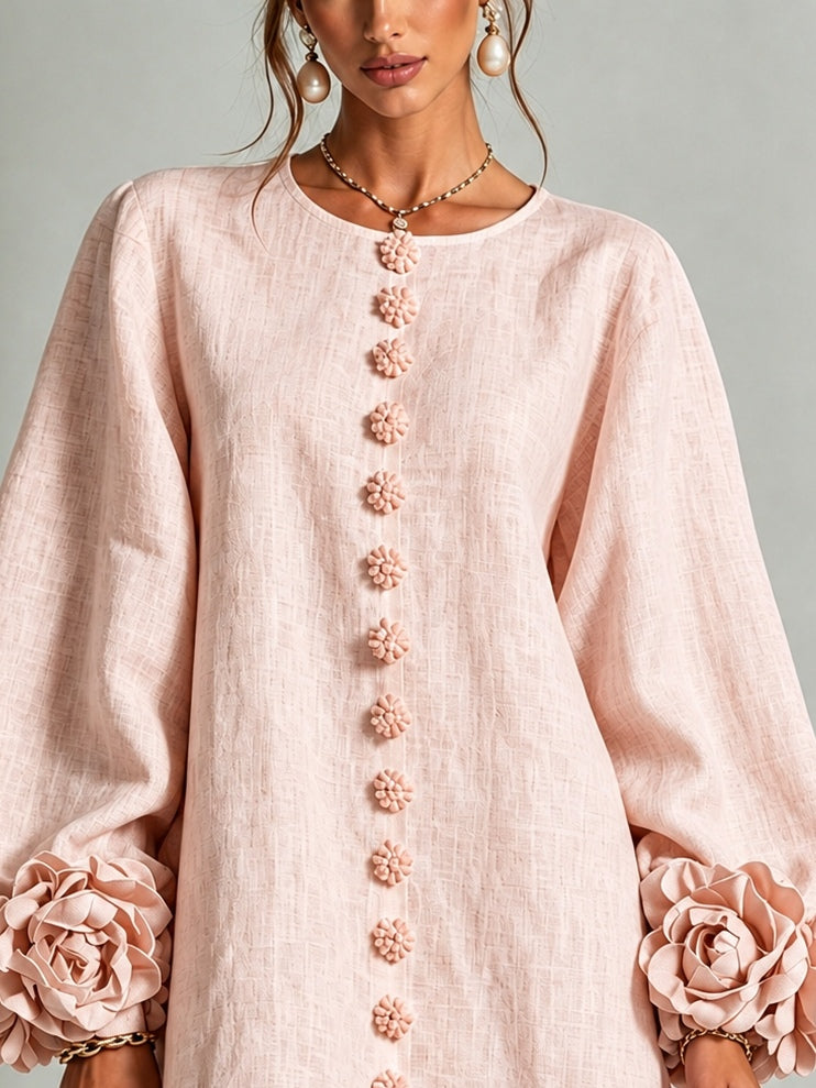 Pink Long Sleeve Floral Button-down Mini Dress With Striking Floral Cuffs(Long Sleeve Edition))