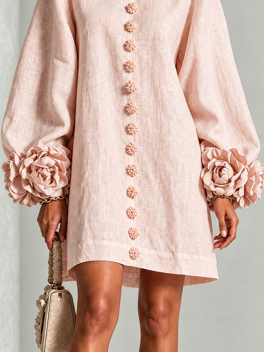 Pink Long Sleeve Floral Button-down Mini Dress With Striking Floral Cuffs(Long Sleeve Edition))