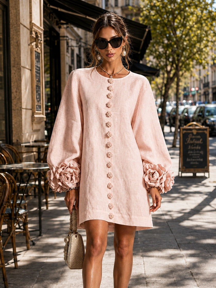 Pink Long Sleeve Floral Button-down Mini Dress With Striking Floral Cuffs(Long Sleeve Edition))