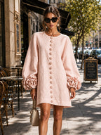 Pink Long Sleeve Floral Button-down Mini Dress With Striking Floral Cuffs(Long Sleeve Edition))