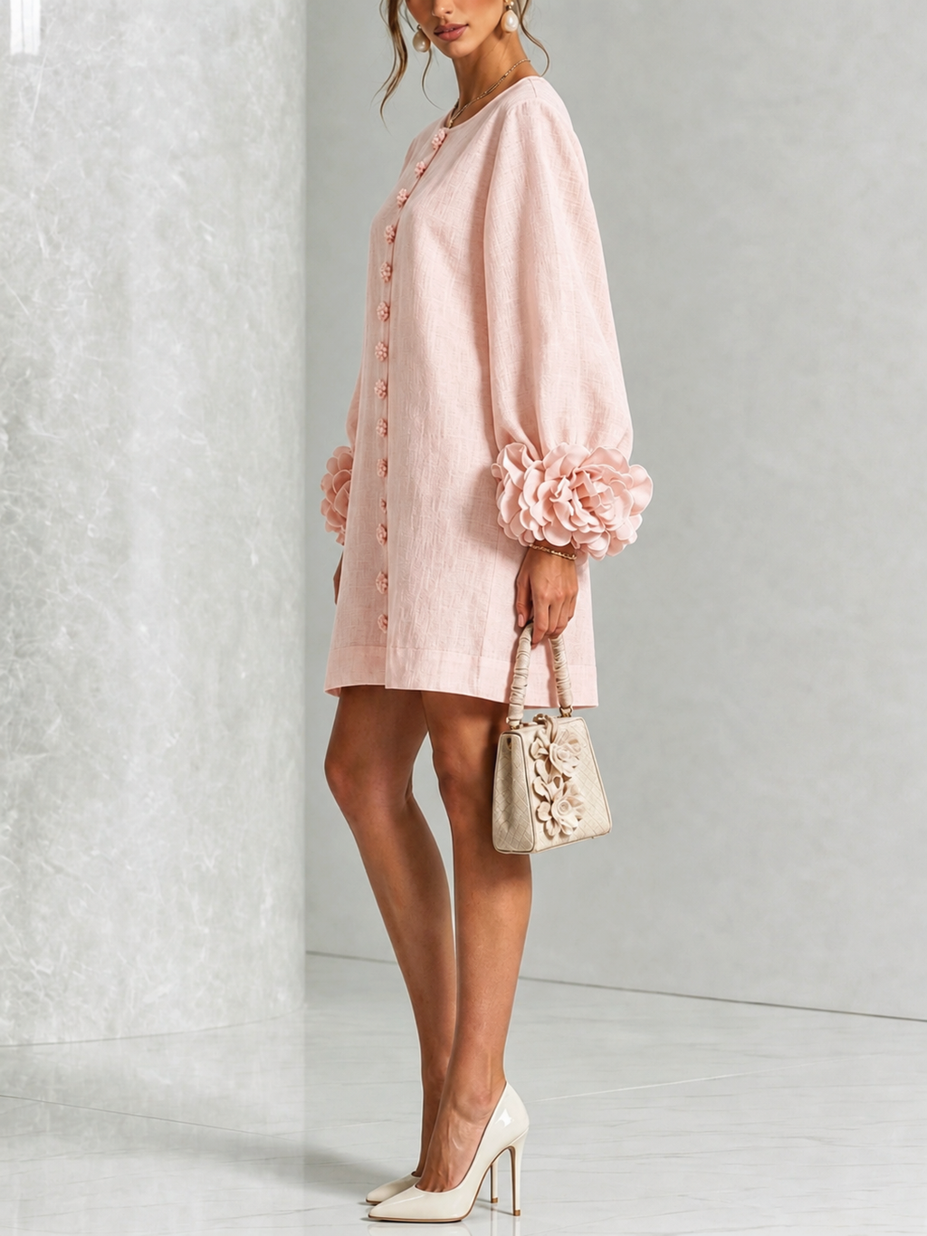 Pink Long Sleeve Floral Button-down Mini Dress With Striking Floral Cuffs(Long Sleeve Edition))