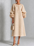 Beige Floral Button-down Midi Dress With Striking Floral Cuffs