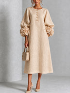 Beige Floral Button-down Midi Dress With Striking Floral Cuffs