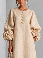 Beige Floral Button-down Midi Dress With Striking Floral Cuffs