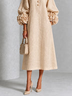 Beige Floral Button-down Midi Dress With Striking Floral Cuffs