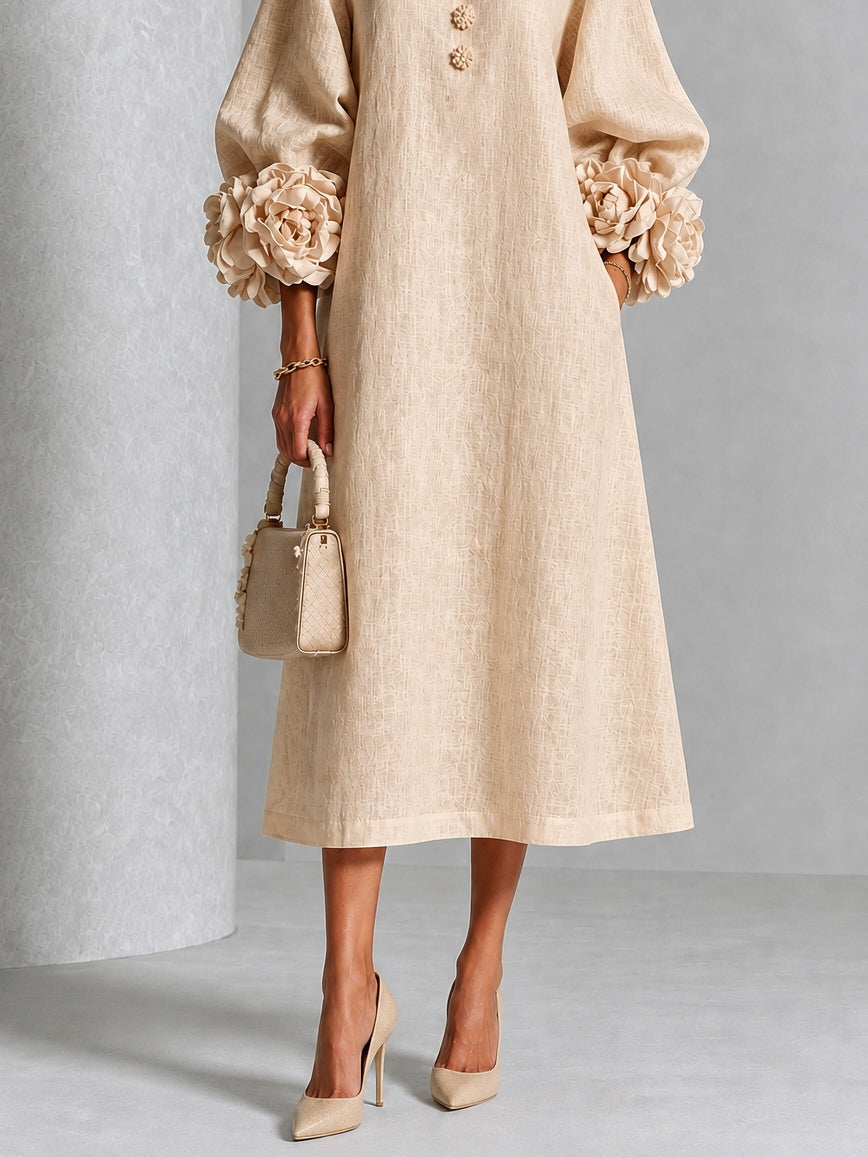 Beige Floral Button-down Midi Dress With Striking Floral Cuffs