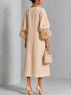 Beige Floral Button-down Midi Dress With Striking Floral Cuffs