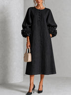 Black Floral Button-down Midi Dress With Striking Floral Cuffs