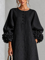 Black Floral Button-down Midi Dress With Striking Floral Cuffs