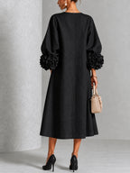 Black Floral Button-down Midi Dress With Striking Floral Cuffs